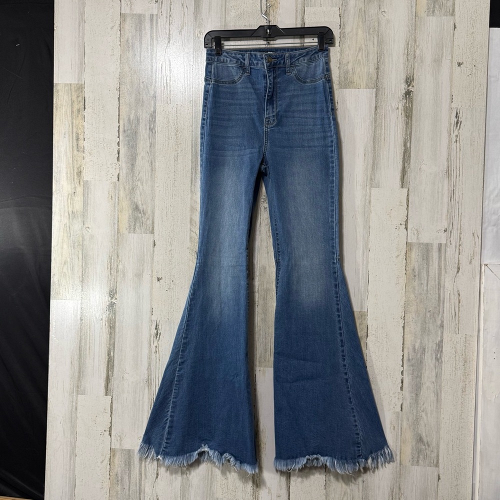 Fashion Nova Blue High-Rise Flare Jeans with Frayed Hem